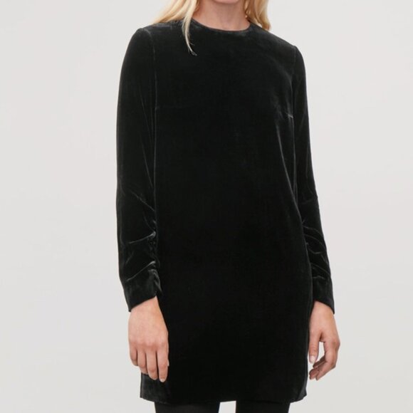 COS Velvet Long Sleeve Dress Solid Black Ruched SILK BLEND Fall Mini Shift Dress - Picture 1 of 16